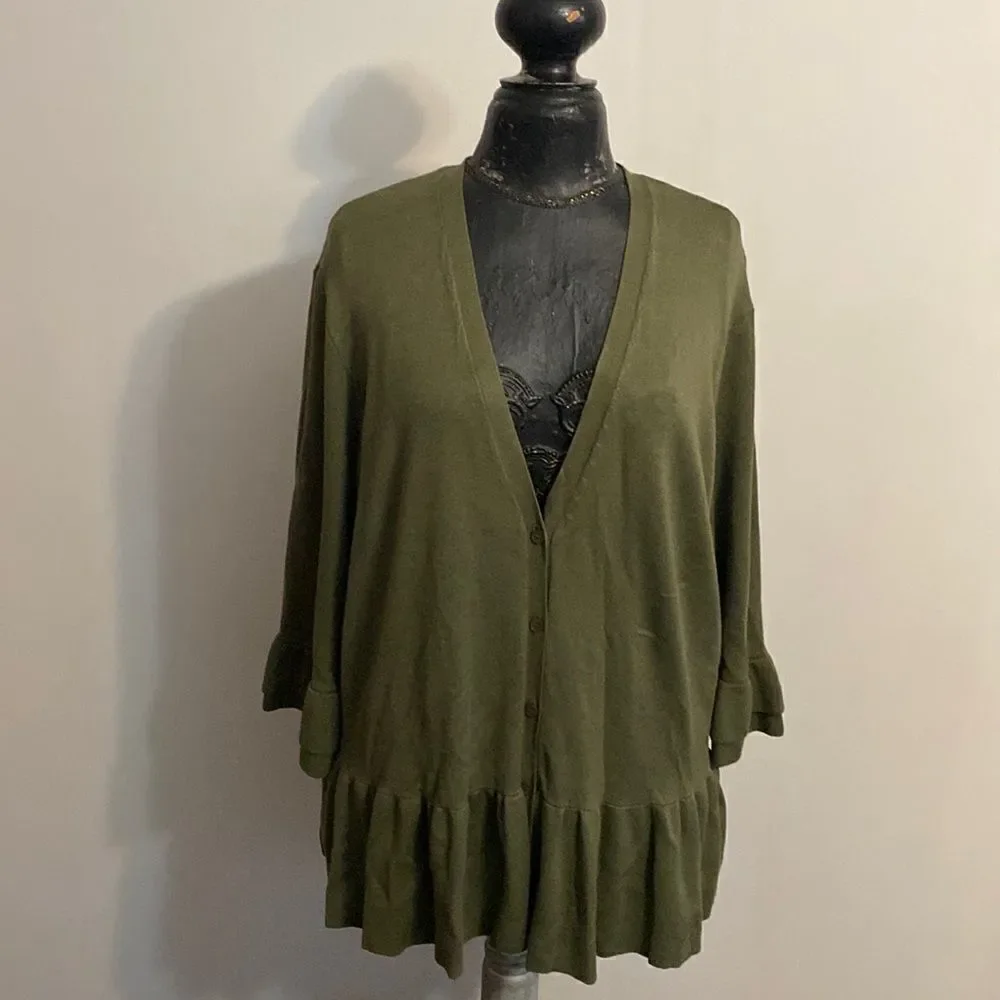 Lane Bryant Green VNeck, pleated hem bottom, flutter sleeves sweater, size 22/24